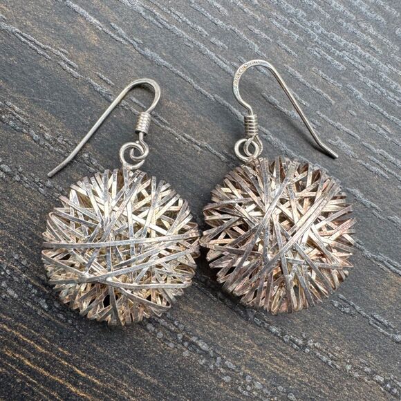 MILOR Italy Sterling Silver 925 Wire Mesh Dangle Earrings Vintage Round Puffy - Picture 1 of 10